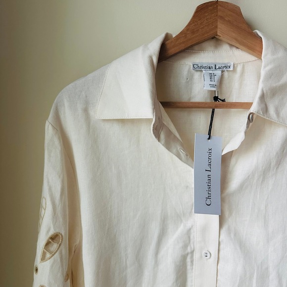 Christian Lacroix Linen Blend Embroidered Scallop Hem Blouse S NWT - Picture 6 of 10